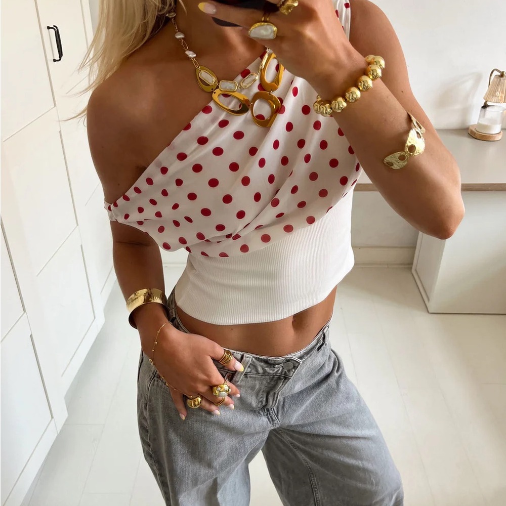 Stylish Polka Dot Crop Top - Red & White